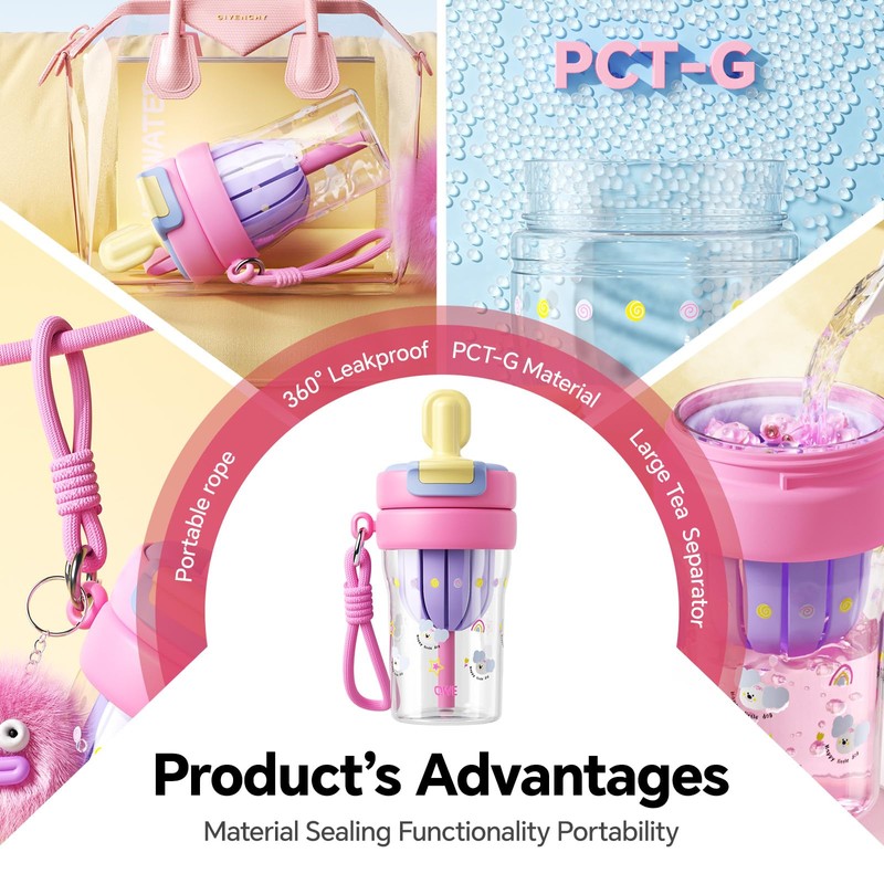 QWE Lightweight Water Bottle with Straw&Handle,3-Way Drink Flip Lid,20oz Plastic