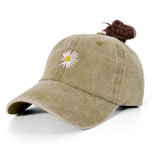 HeyCaps Women’s High Pony Baseball Cap with Daisy Embroidery and
