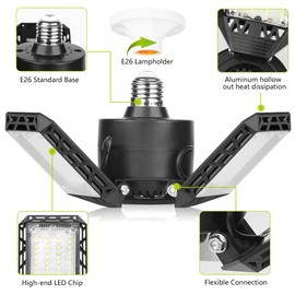 4 Pack Led Garage Lights, 60W Deformable Garage Ceiling Light 8000 lm E26 Basement Lights with 3 Adjustable Led Panels, Fits for Warehouse, Workshop, Barn, and Yard