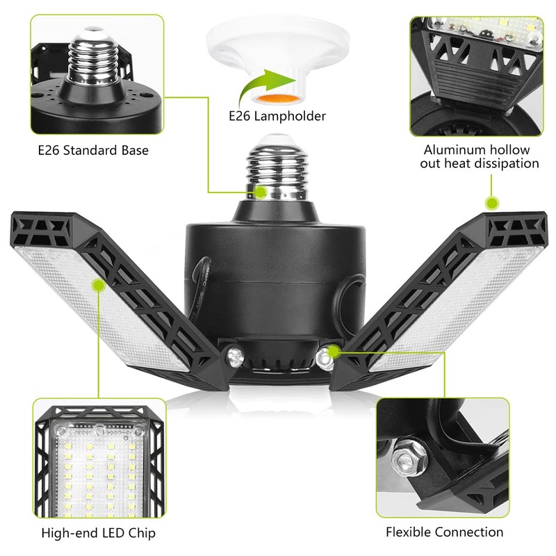 4 Pack Led Garage Lights, 60W Deformable Garage Ceiling Light