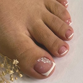 Press on Toenails French Tips Toe Nail Press ons Fake Toe Nails Pink False Toenails Glossy Full Cover Acrylic Glue on Toenails with Designs Flower Artificial Stick on Toenails for Women Manicure
