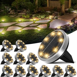 nipify 12 Pack Solar Ground Lights Outdoor, 8 LED Solar Lights Outdoor Waterproof Flat Solar Pathway Lights for Yard Garden Walkway Deck Patio Landscape Lawn Driveway (Warm White)