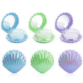 Foldable Travel Hair Brushes with Seashell Compact Mirror, Foldable Brush for Purse, 6 Pcs Compact Brush with Mirror, Shell Shape Hair Massage Comb for Travel, Home, Work, Gym (Blue + Purple + Green)