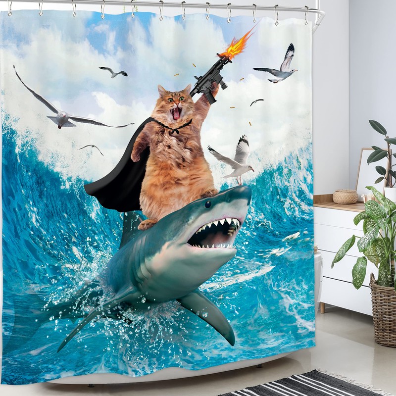 Homewelle Funny Surfing Cat Shower Curtain Riding Shark Hilarious Nautical
