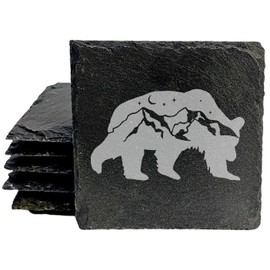 Bear Hug Night: Slate Coasters with Lunar Mountains – Laser Etched Fun & Functional Set - Square Slate - set of 5