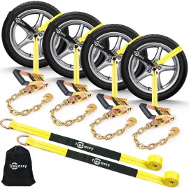 Trekassy 4 Packs Lasso Car Ratchet Tire Tie Down Straps Straps with Chain Anchors Hooks