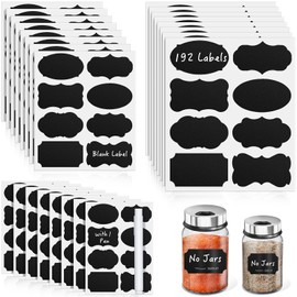 Segarty Blank Spice Jars Labels, 192 Pcs Assorted Shape Black Label Stickers with 1 Chalk Marker for Food Container, Waterproof Chalkboard Stickers for Glass Mason, Bottle, Canisters, Storage Bin