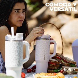 Buffer Flask - Vaso Térmico - Termo Acero Inoxidable, Termos para Agua Cafe- Regalos para Mujer - Mantiene Frio 24 hrs, Calor 12 hrs - Incluye Popote (PINKY LEOPARD, 40 Oz / 1200 ml)