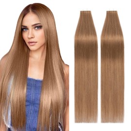 Silk-co Tape-In Real Hair Extensions, Brown, 40 Pieces, Real Hair Tape Extensions, Remy Tape Glue Extensions, Skin Weft, 100 g, No. 06 Light Brown, 60 cm