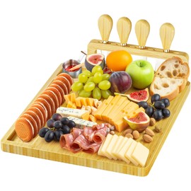 Secura Bamboo Cheese Board, Charcuterie Boards Set Cheese Platters Wood Serving Board and Knife Set with Knife Stand for Wine Wedding Housewarming Gifts