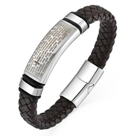 YL Cross Christian Prayers Mens Bracelet, Religious Handcrafted Brown Braided Leather Cuff Stainless Steel Bangle Punk Wristband Jewelry for Men Women