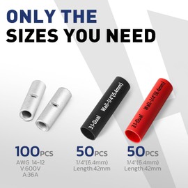 haisstronica Non Insulated Butt Connectors Kit, 100pcs Tinned Copper Uninsulated Wire Connectors with 100pcs 3:1 Heat Shrink Tubing for Automotive Marine (AWG 14-12)