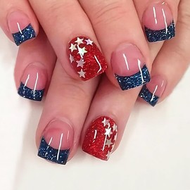 4th of July Press on Nails Short,Red Blue French Tip Fake Nails with Star Designs Glitter Press on Nails Independence Day Press ons for Women Girls Glossy Acrylic Nails 4th of July Parade Manicure