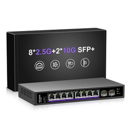 10 Port 2.5GB Unmanaged Ethernet Switch with 8* 2.5G Base-T Ports + 2* 10G SFP+ Ports. NICGIGA 8 Port 2.5Gbps Network Switch for 2.5Gbps NAS/PC, WiFi6 Router, Wireless AP. Fanless Design.