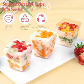 50 Piezas 2oz/60ml Vasos de postre con 50 Cucharas + 50 Tenedor, JASUVII Tazones para Postre, Mini Tazas de plástico para aperitivos, Para degustar tartas, postres, gelatinas, frutas, mousses, helados