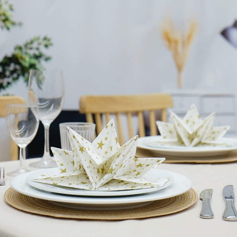 Fanxyware Star Shaped Origami Dinner Napkins with Gold Stars on