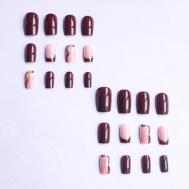 RUOKEXIN Medium Square Press on Nails French Tip Fake Nails Brown False Nails with Designs Sparkly Artificial Nails Full Cover Glue on Nails Medium Nail Press ons Cute Stick on Nails for Women 24Pcs