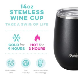 Swig Life 14oz Triple Insulated Stainless Steel Stemless Wine Tumbler with Slider Lid, Dishwasher Safe, Vacuum Insulated Travel Wine Glass in Matte Black (Multiple Patterns Available)