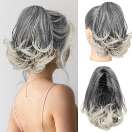 KooKaStyle Ponytail Extension, 10" Short Claw Clip in Pony Tails Hair Extensions Curly Wavy Synthetic Drawstring Hairpieces for Women(Gray and White Tips)