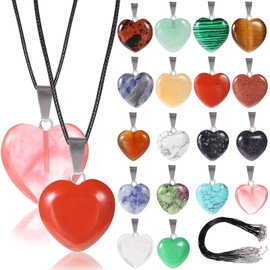 20PCS Heart Shape Pendants Love Heart Shape Gemstone Charms Pendants Crystal Chakra Beads with Ropes for DIY Necklace Making ( 16mm+ 20mm )