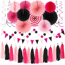 Hot-Pink Black Party-Decorations - 33pcs Baby Girl Women Birthday Banner,Streamers Tassel Garland,Birthday Tissue Pom Poms Honeycomb,Paper Lantern Fans,Wedding Bachelorette Graduation Decor Hugtmr