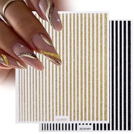 3D Glitter Lines Nail Stickers 3D Self-Adhesive Nail Art Stickers Colorful Stripe Nail Decals Self Adhesive Geometric Strip Line Nails Women DIY Nail Supplies,8 Colors/Set