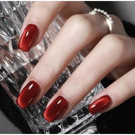 24PCS Press On Nails, Cat' Eyes Short Long Almond Square Coffin Ballet Shape, glue on nails, stick on nails Fake False Nails for Women and Girls (Red Square)