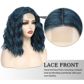Yamel Wavy Bob Wig Natural Wig Blackish Blue Synthetic Hair Shoulder Length Short Curly Middle Part Lace Front Wigs for Women
