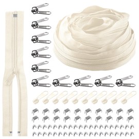 Rustark 1 Roll 10 Yard #5 Beige Nylon Zipper Tape Assortment Kit, Zippers for Sewing Nylon Coil Zipper Tape Zipper Strip Roll with Zipper Sliders Zipper Pull and Zipper Stops for Sewing DIY Craft Bags