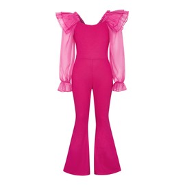 WDIRARA Girl's Ruffle Trim Square Neck Long Sleeve Flare Leg Jumpsuit High Waist Contrast Mesh Long Romper Hot Pink 7Y