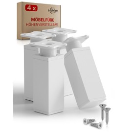 LouMaxx Furniture Feet Adjustable Square - Set of 4 40 x 40 x 100 mm in White with Mounting Plate - Feet for Furniture Made of Aluminium - High-Quality Cabinet Feet for Individual DIY Furniture