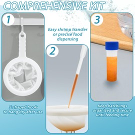 Baby Brine Shrimp Net Sieve 80, 120, 200 Mesh kit with 3 Hooks, 3 Pipettes and 5 Storage Tubes for Brine Shrimp Hatchery Filter Fry Eggs and Hatching Baby Fish Separator (14pcs Parts)
