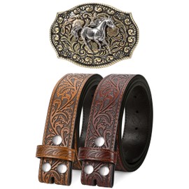SANSTHS 2 Pack Cowboy Western Belt Strap with a Buckle, Men Women Embossed Cowboy Cowgirl Belt Strap for Jeans Gifts, Two Strap/Slivery Horse Buckle