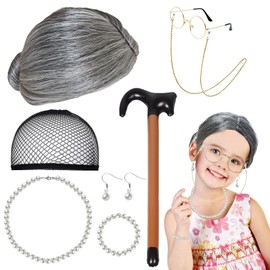Pack of 8 Grandma Costume, Grandma Wig Grey, Grandma Glasses with Chain, Pearl Necklace, Earrings, Bracelet and Inflatable Stick, Old Lady Costume Accessories, Costume Old Woman for Carnival, Carnival