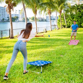 YardCandy USA Flag Print Portable Outdoor Game. This American Flag Themed Stars & Stripes Portable Cornhole Toss Game is Easy to Set up and Start Playing.