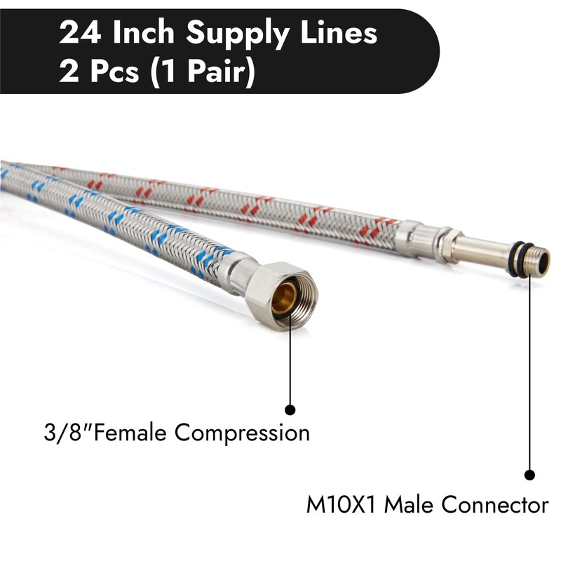 Midanya 24-Inch Long Faucet Water Supply Lines, Braided Stainless Steel