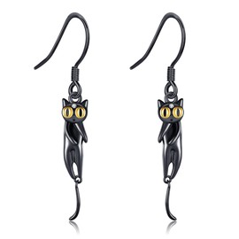 Black Cat Earrings 925 Sterling Silver Cat Hanging Earring Animal Jewellery Gift for Women Girls Women Mother Cat Lovers, Sterling Silver, No Gemstone