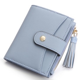 yiijay Small RFID Wallet Women Tassle Bifold Slim Thin Vegan Leather Wallet Credit Card Holder Wallet Ladies Mini Wallet with Zipper Pocket, Blue, Small Compact Wallet for Women