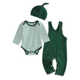 Baby Boy Outfits Stripe Print Romper Top and Baby Overalls with Hat 3-6 Months Baby Boy Clothes