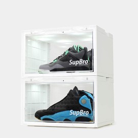 SupBro Led Collection Crate - Voice Control - Easy Access Storage Shoes box, Stackable Shoe Storage with clear plastic door for sneakers - (11.2 x 14.9 x 8.8 inch (2pack), White)