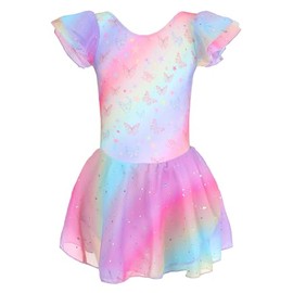 Leotardos de ballet para niñas con falda: estampado de estrellas de mariposa arcoíris, tutú de manga con volantes con purpurina para práctica