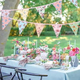 2PCS Floral Paper Garland, 13Ft Vintage Wildflower Bunting Triangle Banner for Tea Party Birthday Baby Shower Wedding Garden Party Mother's Day