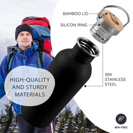 Bambaw 16 oz Water Bottle, Black Water Bottle with Handle, Non-insulated Metal Water Bottle Dishwasher Safe, Stainless Steel Water Bottle no Straw, Small Water Bottle – Jet Black