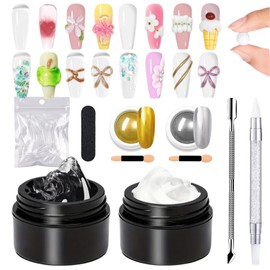 GZMAYUEN 3D Sculpting Gel Kit - 15g Clear and White Non-Sticky Hand Solid Builder Nail Carving Gel with Gold Sliver Nail Chrome Powder DIY Salon