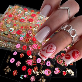 Lips Nail Stickers for Valentine's Day, 3D Gold Nail Decals Foils Nail Art Supplies Valentines Heart Red Lip Self-Adhesive Nail Design Metallic Nail Stickers for Women Girls DIY Nail Decoration 30 PCS
