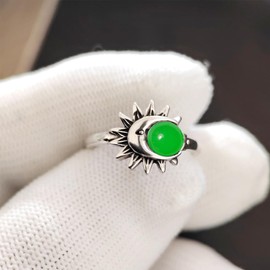 Womens Natural Green Emerald Stone Sun Crescent Moon Ring,Retro S925 Sterling Silver Real Crystal Quartz Gemstone Boho Bohemian Statement Ring Jewelry for Women (A09_Emerald Jade, 9)