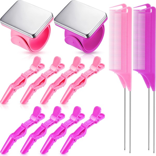 14 Pieces Hair Braiding Tool 2 Pieces Magnetic Pin Wristbandand 4 Pieces Braiding Comb for Parting with 8 Pieces Wide Teeth Alligator Sectioning Hair Clip for Hair Braid Tool Braid Maker (Purple, Pink)