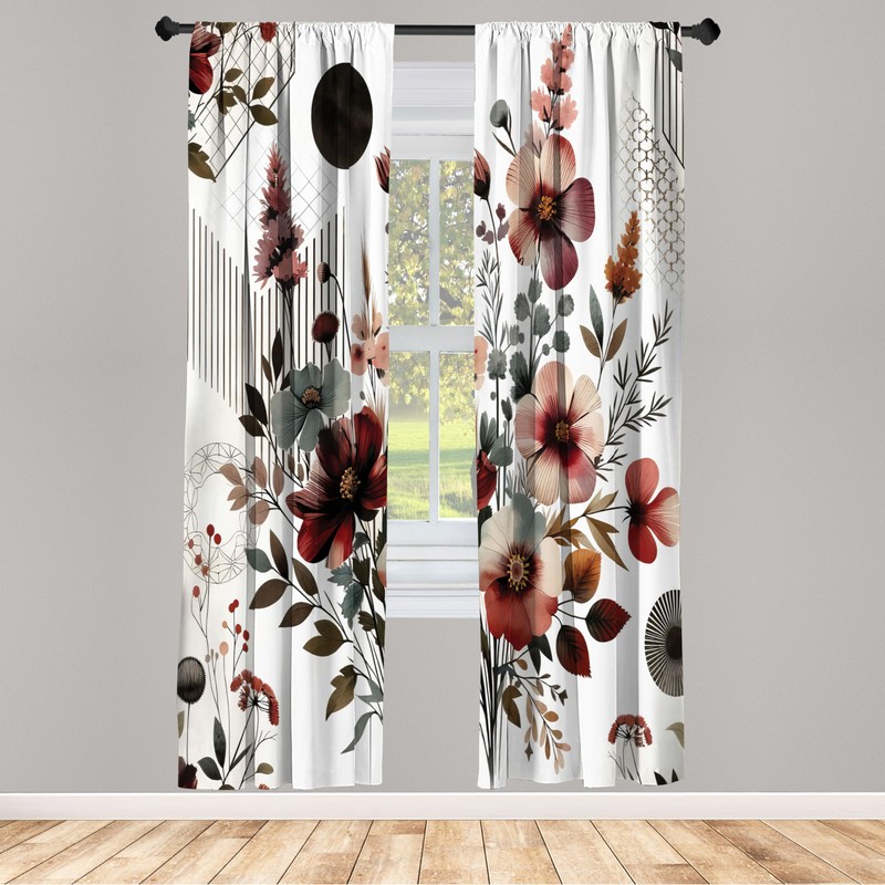 Ambesonne Floral Window Curtains, Mid Century Modern Rounds Chevrons and