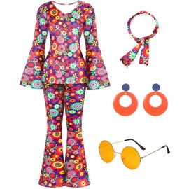 Leumoi 6 Pcs 60s 70s Disco Outfit Women Hippie Costume Accessories Flared Pants Headband Earrings Sunglass(Flower, X-Large)
