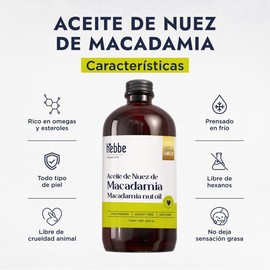 Hebbe - Aceite de Nuez de Macadamia 100% Puro, Hidratante y Anti-envejecimiento para Piel y Cabello, 500 ml